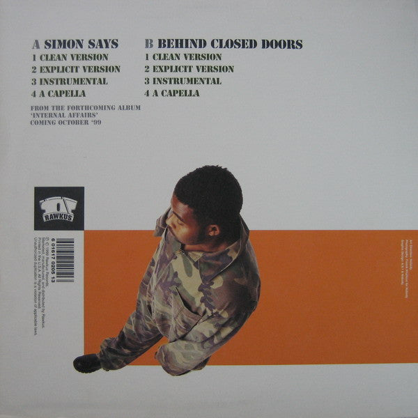 Image of Back Cover of 12" - G+/G+ - PHAROAHE MONCH, Simon Says / Behind Closed Doors (Rawkus; RWK 205, US 1999, Picture Sleeve), Lots of light hairlines and marks. Sleeve is ringworn and marked.,  - 3916020C