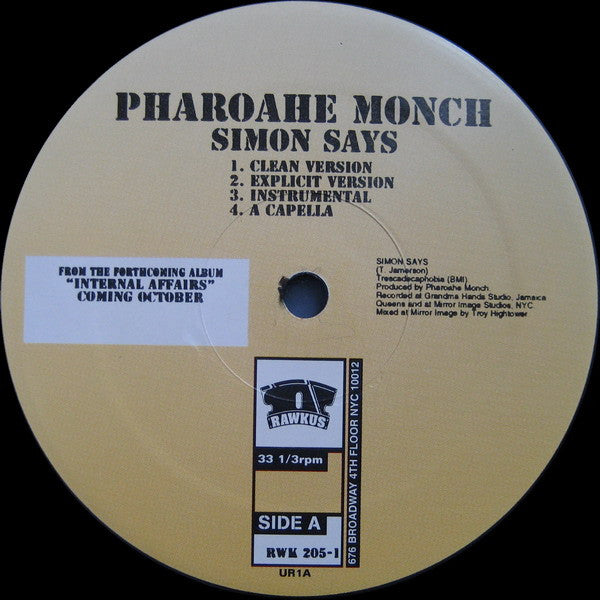 Image of Label Cover of 12" - G+/G+ - PHAROAHE MONCH, Simon Says / Behind Closed Doors (Rawkus; RWK 205, US 1999, Picture Sleeve), Lots of light hairlines and marks. Sleeve is ringworn and marked.,  - 3916020C