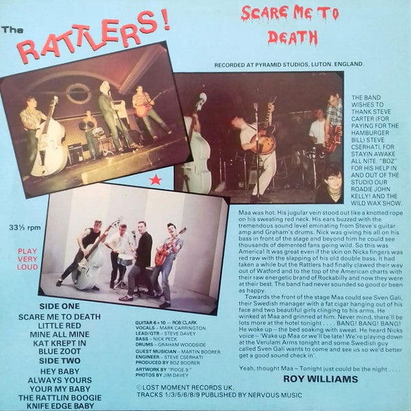 Image of Back Cover of 0925505E: LP - THE RATTLERS!, Scare Me To Death (Lost Moment Records ; LMLP001B, UK 1987 Reissue)   VG+/VG