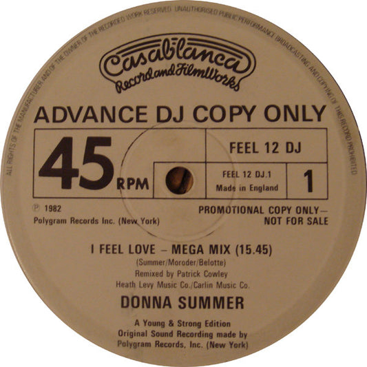 Image of Front Cover of 1025112E: 12" - DONNA SUMMER, I Feel Love (Mega Mix) / (Mega Edit) (Casablanca; FEEL 12 DJ, UK 1982, Promo) Patrick Cowley remixes  /VG