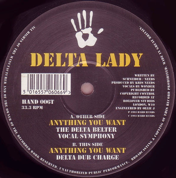Image of Back Cover of 12" - VG/VG - DELTA LADY, Anything You Want (Hard Hands; HAND 006T, UK 1993, Company Sleeve), light scuffs only. original company sleeve,  - 4246507S