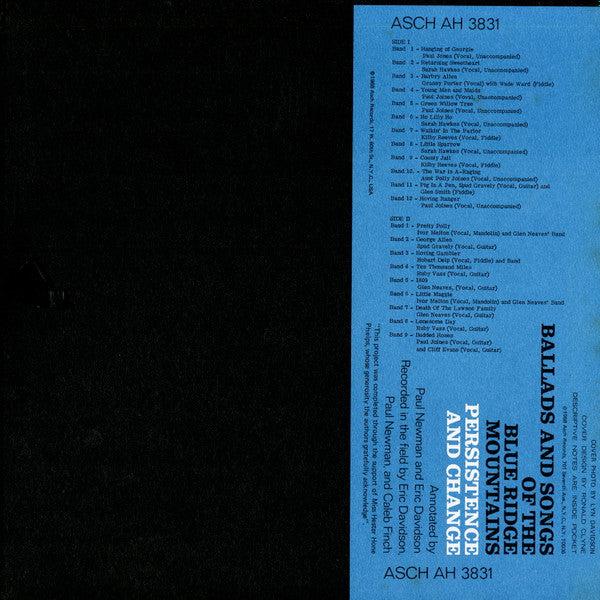 Image of Back Cover of 1045151S: LP - VARIOUS, Ballads And Songs Of The Blue Ridge Mountains (Persistence And Change) (Asch Records; AH 3831, US 1968 Reissue, Folkways style sleeve, Insert) Scuffing, surface marks. Edge wear, heavy to spine. Ring wear, discolouration.  VG/VG