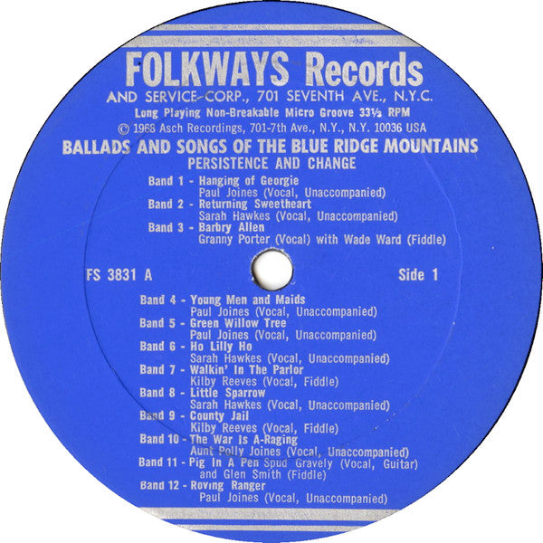 Image of Label Cover of 1045151S: LP - VARIOUS, Ballads And Songs Of The Blue Ridge Mountains (Persistence And Change) (Asch Records; AH 3831, US 1968 Reissue, Folkways style sleeve, Insert) Scuffing, surface marks. Edge wear, heavy to spine. Ring wear, discolouration.  VG/VG