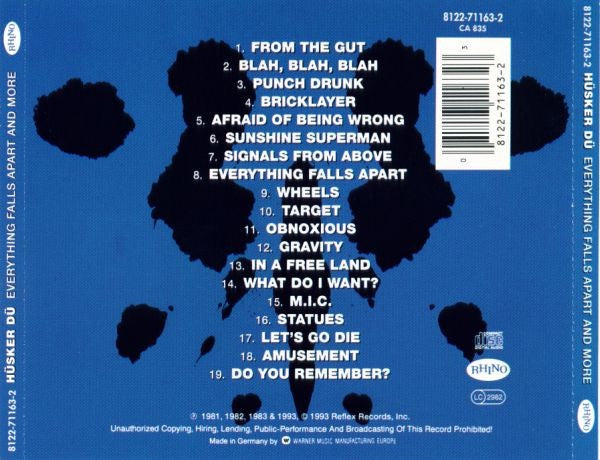 Image of Back Cover of CD - VG/VG - HUSKER DU, Everything Falls Apart And More (Rhino Records; 8122-71163-2, Europe 1993 Reissue, Jewel Case), one mark on disc, some scuffs on case,  - 2916355C