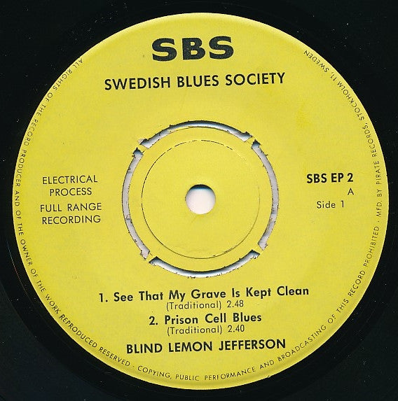 Image of Label Cover of 1015447C: 7" EP - BLIND LEMON JEFFERSON, The Great Country Blues Singers (Swedish Blues Society; SBS EP 2, Sweden 1970s, Picture Sleeve, Mono) Light cosmetic marks.  VG/VG