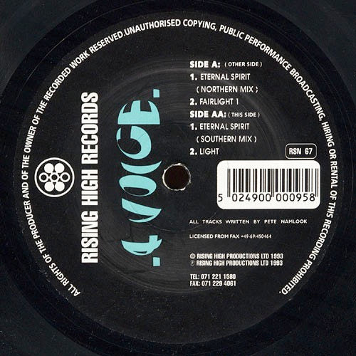 Image of Front Cover of 12" - VG/G+ - 4 VOICE, Eternal Spirit (Rising High Records; RSN 67, UK 1993, Company Sleeve), Vinyl is glossy and close to VG+, but there is a pressing flaw on side A in between tracks that plays through with barely any effect on the music.  Company sleeve is great, 		Other Side	A1	Eternal Spirit (Northern Mix)	A2	Fairlight 1			This Side	AA1	Eternal Spirit (Southern Mix)	AA2	Light - 1015462C