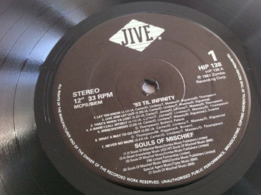 Image of Label Cover of LP - G+/G - SOULS OF MISCHIEF, 93 'til Infinity (Jive; HIP 138, UK 1993, Inner), Heavy edge wear/creasing to sleeve. Disc has lots of marks but plays surprisingly well.,  - 3516465C