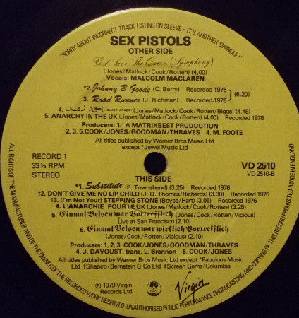 Image of Label Cover of 2xLP - VG+/VG+ - SEX PISTOLS, The Great Rock 'N' Roll Swindle (Virgin Red and Yellow With Made In England on Label Rim; VD2510, UK 1979, Gatefold, Red Writing On Spine, Insert, Watcha Gonna Do About It? on Sleeve, but not vinyl, Sorry About Incorrect Track Listing on Label.), , Virgin Red and Yellow Labels With Made In England on Label Rim.Watcha Gonna Do About It? on Sleeve, but not vinyl, Sorry About Incorrect Track Listing on Label.Gatefold Sleeve, Red Writing On Spine. - 40261