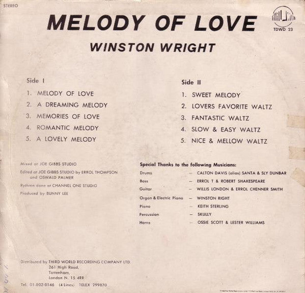 Image of Back Cover of 12" - G/VG - WINSTON WRIGHT, Melody Of Love (Third World; TDWD 23, UK 1970s), Sleeve has writing on front and back, Spine wear, Some tape. Disc is pretty clean, a few hairlines,  - 1145141S