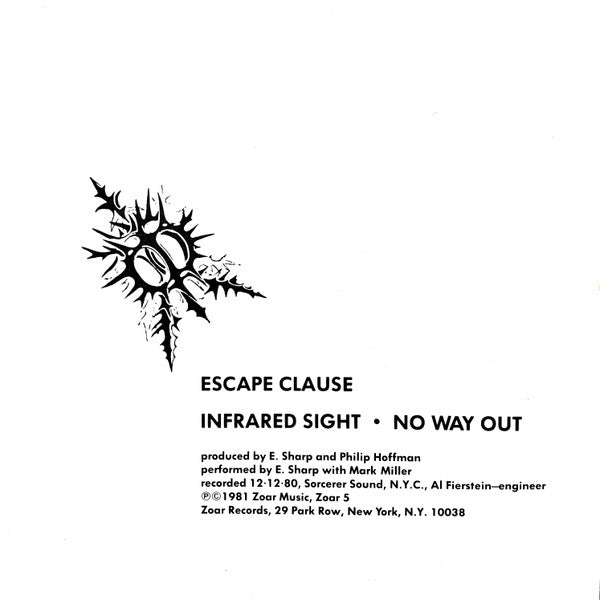 Image of Back Cover of 1155056S: 7" - ELLIOTT SHARP, Escape Clause (Zoar Records; Zoar 5, US 1981, Single Sleeve)   VG/VG+
