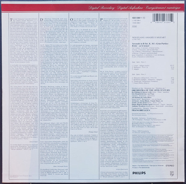 Image of Back Cover of LP - VG/VG+ - FRANS BRUGGAN, ORCHESTRA OF THE 18TH CENTURY,, Mozart: Serenade In B Flat, K.361 "Gran Partita" (Philips; 422 338-1, Netherlands 1988), ,  - 1125248E