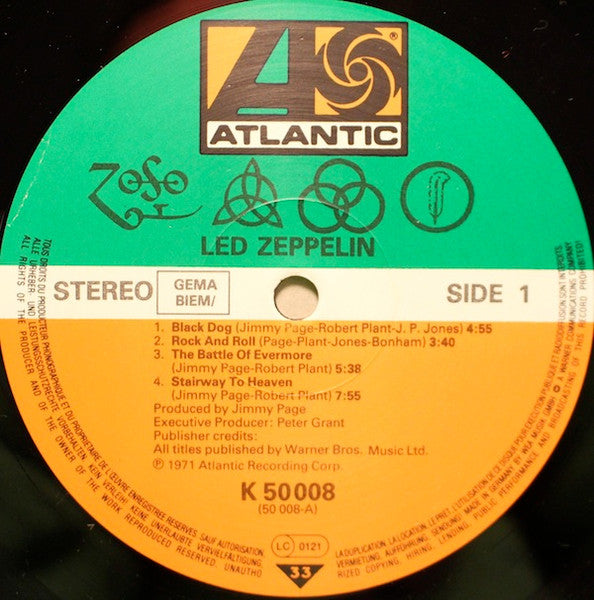 Image of Label Cover of LP - VG+/VG - LED ZEPPELIN, Untitled (Atlantic; 50 008, Europe 1990s Reissue, Glossy Gatefold Sleeve, Inner, Barcode, GEMA/BIEM Rights Box, Alsdorf Matrix, Three Lines of Text around Label Rim), ,  - 3226125E