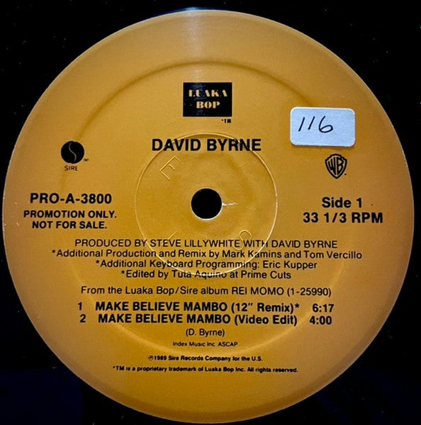 Image of Front Cover of 1115174C: 12" - DAVID BYRNE, Make Believe Mambo (Sire; PRO-A-3800, US 1989, Promo, Die Cut Company Sleeve, "E A S T" Embossed A Side Label)   VG/VG+