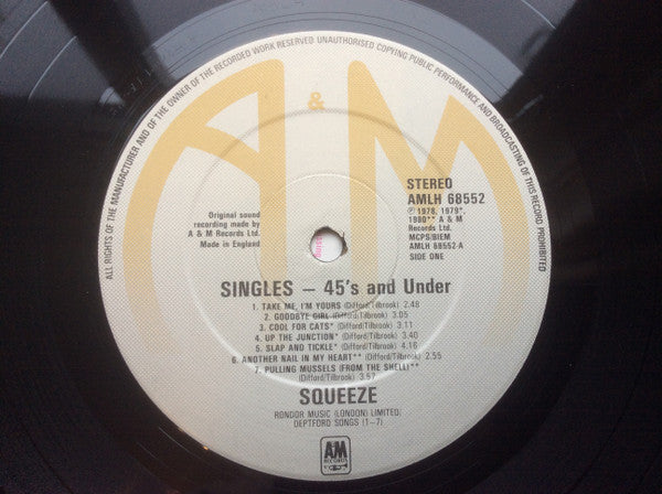 Image of Label Cover of LP - VG/VG+ - SQUEEZE, Singles - 45's And Under (A&M Records; AMLH 68552, UK 1982, Inner, No Barcode), ,  - 3626304E