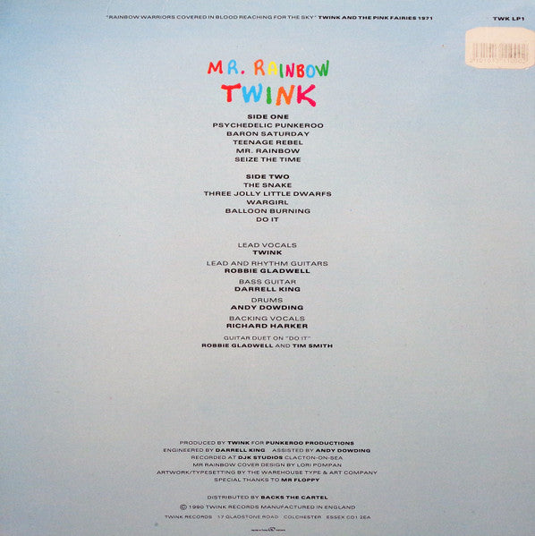 Image of Back Cover of 1215016C: LP - TWINK, Mr. Rainbow (Twink Records; TWK LP1, UK 1990)   VG/VG