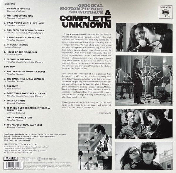 Image of Back Cover of LP - NEW/NEW - VARIOUS, A Complete Unknown (Original Motion Picture Soundtrack) (Columbia Records; 19802866141, Europe 2025, Inner & Insert, Red Vinyl), ,  - 3335168E