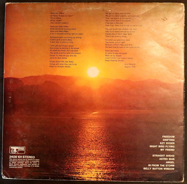 Image of Back Cover of 1225156E: LP - JIMI HENDRIX, The Cry Of Love (Track Record; 2408 101, UK 1971, Gatefold) A few light hairlines only. Sleeve has seam split at bottom of rear panel. Edgewear, ringwear, 2cm sticker removal tear on front.  VG/VG