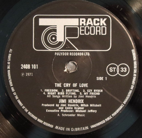 Image of Label Cover of 1225156E: LP - JIMI HENDRIX, The Cry Of Love (Track Record; 2408 101, UK 1971, Gatefold) A few light hairlines only. Sleeve has seam split at bottom of rear panel. Edgewear, ringwear, 2cm sticker removal tear on front.  VG/VG
