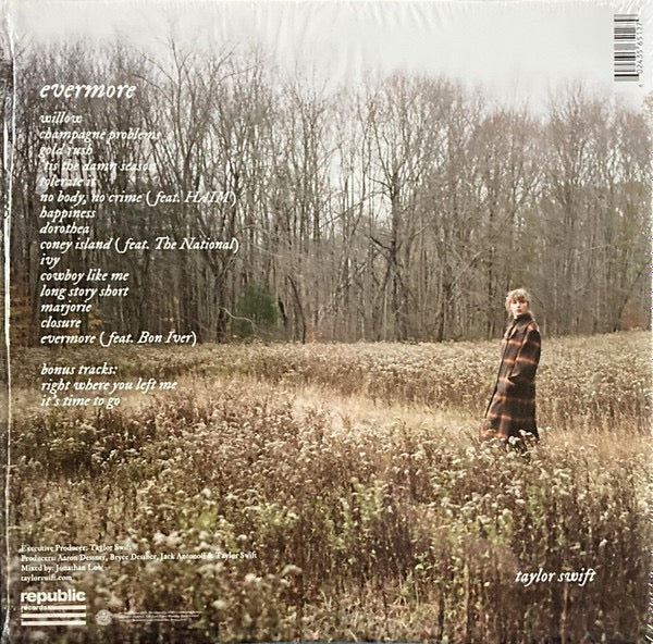 Image of Back Cover of 2xLP - VG+/VG+ - TAYLOR SWIFT, Evermore (Republic Records; B0033410-01, UK, Europe & US 2000s Reissue, Gatefold, 2 Inners, Opaque Green Vinyl), ,  - 2326331E