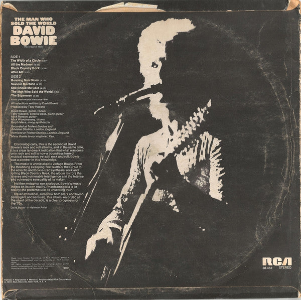 Image of Back Cover of LP - G+/G+ - DAVID BOWIE, The Man Who Sold The World (RCA ; 38-452, South Africa 1972, Laminated Flipback Sleeve), Sticker Damage To Sleeve, Split Spine, Sticker Stuck To Rear, Damage To Sleeve Opening,  - 1225253E