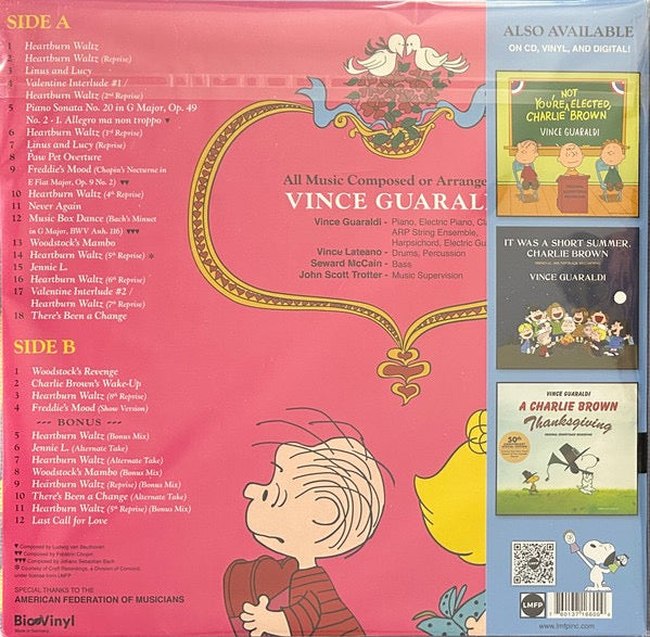 Image of Back Cover of 2035041E: LP - VINCE GUARALDI, Be My Valentine, Charlie Brown (Original Soundtrack Recording) (Lee Mendelson Film Productions; LM25BMV01-BN, US 2025, Insert)   NEW/NEW