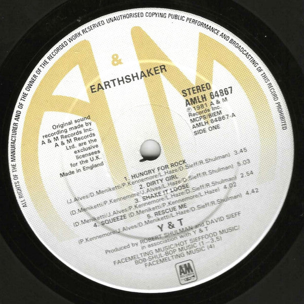 Image of Label Cover of LP - VG/VG - Y & T, Earthshaker (A&M Records; AMLH 64867, UK 1981), Strong VG, Ring and Edge Wear,  - 2116652C
