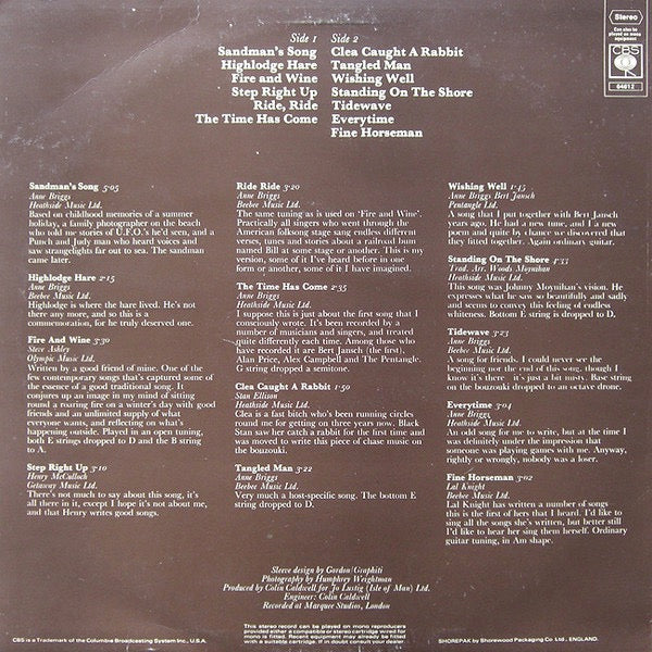 Image of Back Cover of LP - VG/VG+ - ANNE BRIGGS, Time Has Come (CBS; 64612, UK 1971), Lovely Copy, Shop Tested And Sounds Great. Sleeve Has Light Edge Wear And A Corner Bend.,  - 3446409S