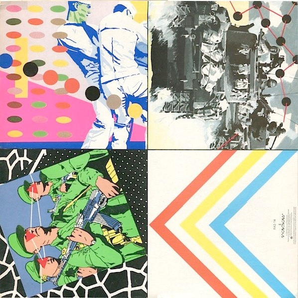 Image of Back Cover of LP - VG/VG+ - ELVIS COSTELLO AND THE ATTRACTIONS, Armed Forces (Radar Records; RAD 14, UK 1979, Fold-Out Sleeve, Inner, 3 Cards, With 7".), Ring wear, small tear at bottom of cover, "Free EP" hype sticker on front, only 3 cards,  - 1245271S