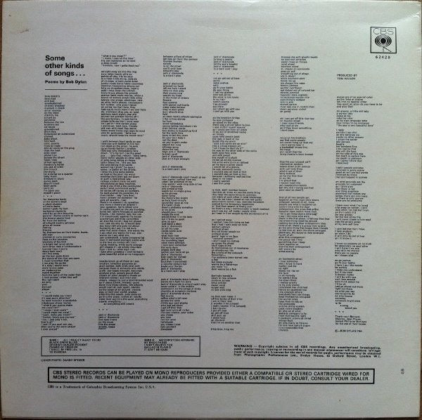 Image of Back Cover of LP - VG+/VG+ - BOB DYLAN, Another Side Of Bob Dylan (CBS Orange (33 1/3 On Label); 62429, UK 1968, Laminated Front Sleeve, Stereo Text at Bottom of Rear Sleeve, No Printing Credit), ,  - 1816100C