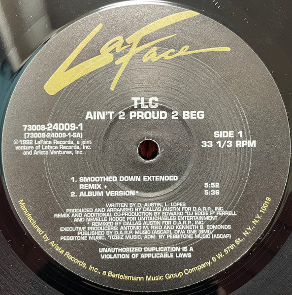 Image of Label Cover of 12" - VG+/VG+ - TLC, Ain't 2 Proud 2 Beg (LaFace; 73008-24009-1, US 1990s Reissue, Picture Sleeve), ,  - 4326149E