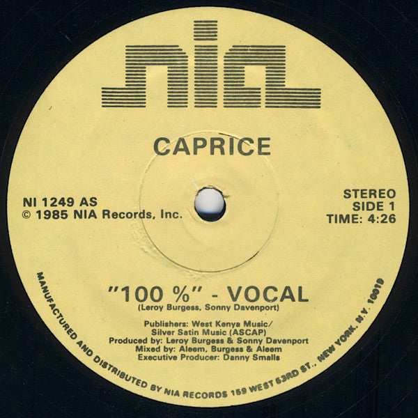 Image of Back Cover of 12" - VG/G+ - CAPRICE, 100% (NIA Records; NI 1249, US 1985, Company Sleeve), Light marks only, Classic boogie material penned by Leroy Burgess and Sonny Davenport. - 4316810C
