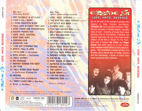 Image of Back Cover of 2xCD - VG+/VG+ - EPISODE SIX, Love, Hate, Revenge (Castle Music; CMEDD 894, UK 2005, Jewel Case), ,  - 4735261E