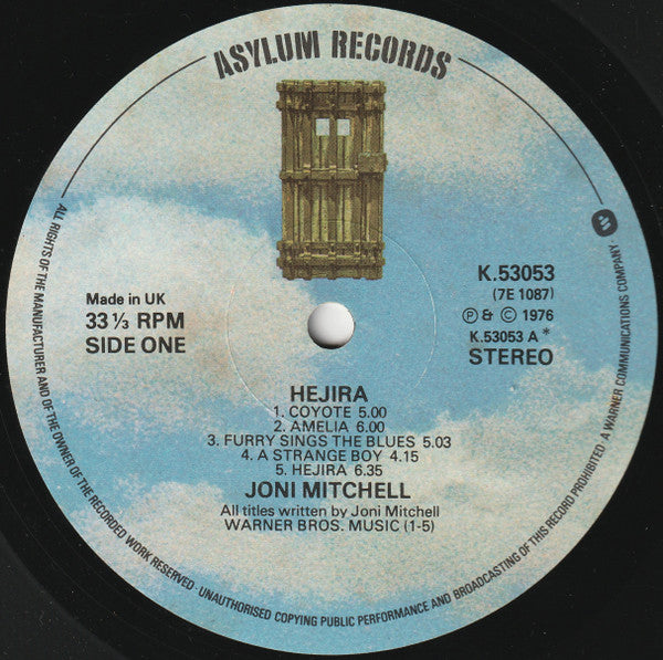 Image of Back Cover of LP - VG+/VG - JONI MITCHELL, Hejira (Asylum Records; K53053, UK 1970s Reissue, Non-Embossed Gatefold, No Dips on labels, WEA Pressing), Clean sleeve, Strong VG disc, A few super fine hairlines only, Glossy disc. ,  - 2416394C