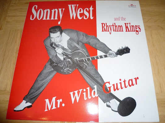 Image of Front Cover of 0446299S: LP - SONNY WEST AND THE RHYTHM KINGS, Mr.Wild Guitar (Crown Records ; Son 1-90, UK 1990, Limited Red Vinyl) With merch sheet. Corner damage, faint ring wear, sticker mark on sleeve.   VG/VG+