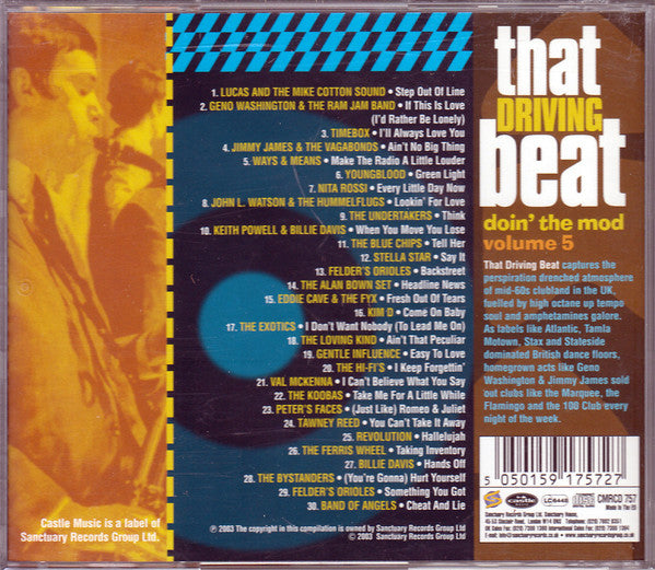 Image of Back Cover of 0216063C: CD - VARIOUS, Doin' The Mod Volume Five - That Driving Beat (Castle Music; CMRCD 757, UK 2003, Jewel Case) Creased Insert  VG/VG+