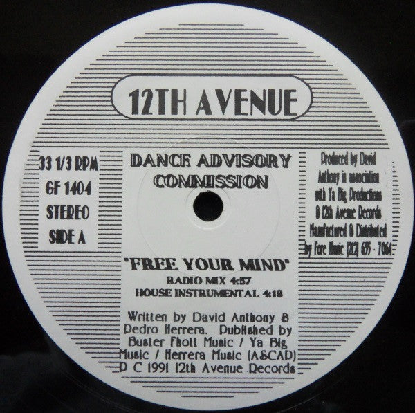 Image of Front Cover of 4615656C: 12" - DANCE ADVISORY COMMISSION, Free Your Mind (12th Avenue Records; GF 1404, US 1991)   /VG