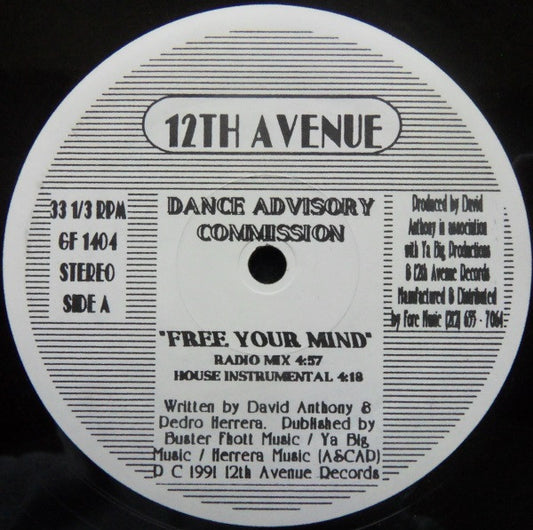 Image of Front Cover of 4615656C: 12" - DANCE ADVISORY COMMISSION, Free Your Mind (12th Avenue Records; GF 1404, US 1991)   /VG