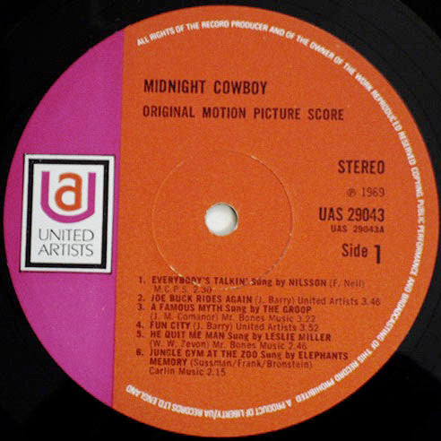 Image of Label Cover of LP - VG/VG - VARIOUS, Midnight Cowboy (Original Motion Picture Score) (UA Purple and Orange; UAS 29043, UK 1969, Laminated Front Sleeve), Light wear and creasing to sleeve.,  - 4246424S