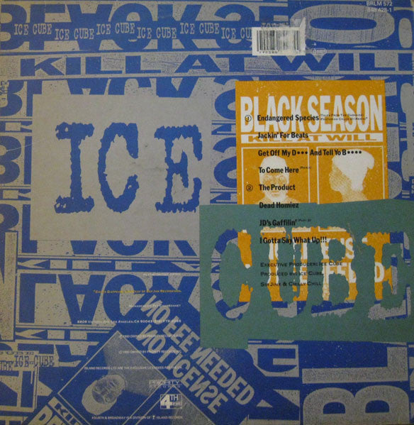 Image of Back Cover of 4845144S: 12" EP - ICE CUBE, Kill At Will (4th & Broadway; BRLM 572, UK 1990, Picture Sleeve) Strong VG+  VG/VG+
