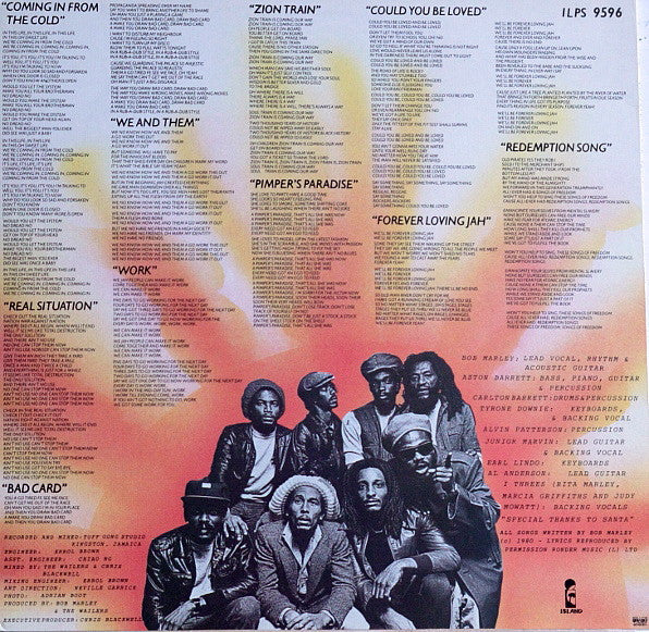 Image of Back Cover of LP - VG+/VG - BOB MARLEY & THE WAILERS, Uprising (Island Records; ILPS 9596, Sweden 1980, Textured Sleeve, Inner), Lots of light lines, plays VG+.,  - 2616380C