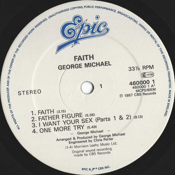 Image of Label Cover of LP - VG/VG - GEORGE MICHAEL, Faith (Epic; 460000 1, UK 1987, Inner & Insert, Faith Above George Michael On Both Labels), Strong VG -  a few hairlines,  - 2846029S