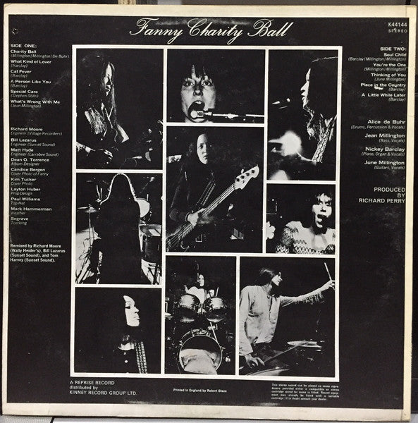 Image of Back Cover of LP - VG/VG - FANNY, Charity Ball (Reprise Records; K 44144, UK 1971, Laminated Front Sleeve, Insert), With Insert, Light marks only, Sleeve crease,  - 1445146S