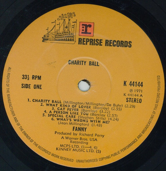Image of Label Cover of LP - VG/VG - FANNY, Charity Ball (Reprise Records; K 44144, UK 1971, Laminated Front Sleeve, Insert), With Insert, Light marks only, Sleeve crease,  - 1445146S