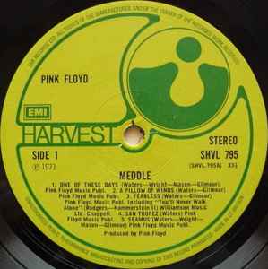 Image of Label Cover of LP - VG/G+ - PINK FLOYD, Meddle (Harvest Green, EMI On Rim, EMI Box; SHVL795, UK 1974 Reissue, Textured Gatefold Sleeve, HTM), Strong G+ - hairlines and some larger marks, but vinyl glossy,  - 2026325E