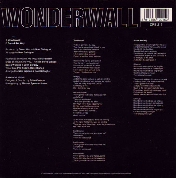 Image of Back Cover of 7" - VG/VG - OASIS, Wonderwall/ Round Are Way (Creation; CRE215, UK 1995, Fold Over Sleeve), Light edge wear. A few minor hairlines on disc.,  - 4056079S