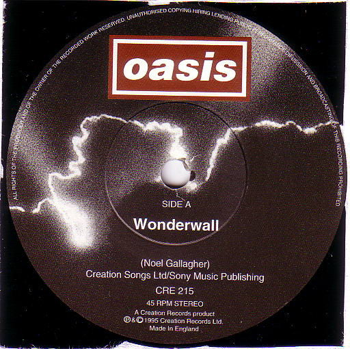 Image of Label Cover of 7" - VG/VG - OASIS, Wonderwall/ Round Are Way (Creation; CRE215, UK 1995, Fold Over Sleeve), Light edge wear. A few minor hairlines on disc.,  - 4056079S