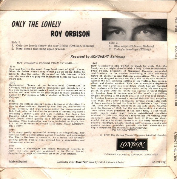 Image of Back Cover of 2214237C: 7" EP - ROY ORBISON, Only The Lonely (London Records; RE-U 1274, UK 1960, Laminated Flipback Sleeve, Mono) Light marks only. Date stamped & one track time written on rear of sleeve.  VG/G+