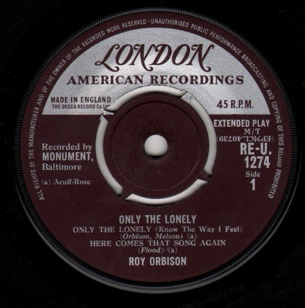 Image of Label Cover of 2214237C: 7" EP - ROY ORBISON, Only The Lonely (London Records; RE-U 1274, UK 1960, Laminated Flipback Sleeve, Mono) Light marks only. Date stamped & one track time written on rear of sleeve.  VG/G+