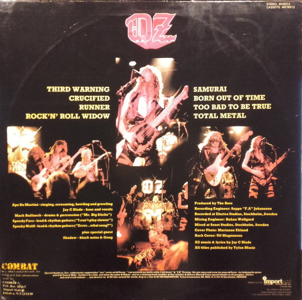 Image of Back Cover of 0446312S: LP - OZ, III Warning (Combat; MX 8013, US 1984, Stereo) Cut-out (Hole punched)  VG/VG+