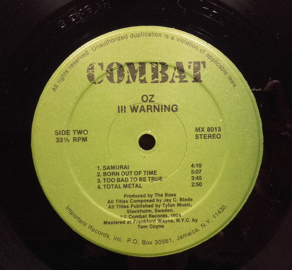 Image of Label Cover of 0446312S: LP - OZ, III Warning (Combat; MX 8013, US 1984, Stereo) Cut-out (Hole punched)  VG/VG+